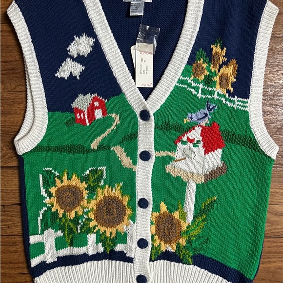 P’ Galli Designs~Blue/Green Medium Vest W/Sunflower & Barn Scene Embroidery (New - Picture 3 of 14